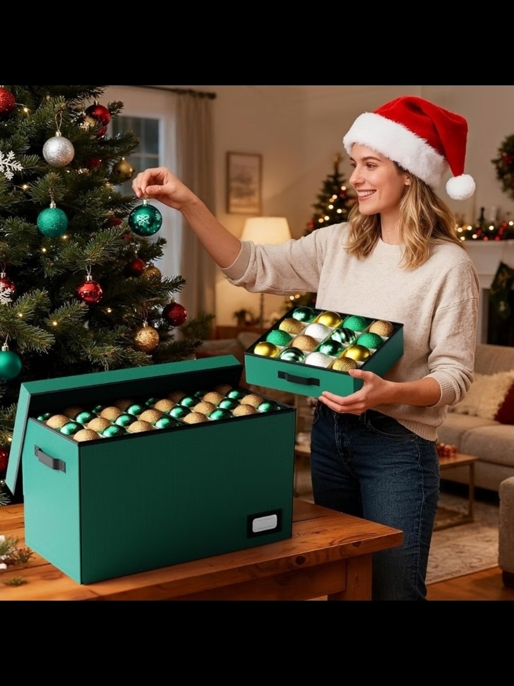 Green Holiday Ornament Storage Organizer with Drawers - Picture 4 of 5